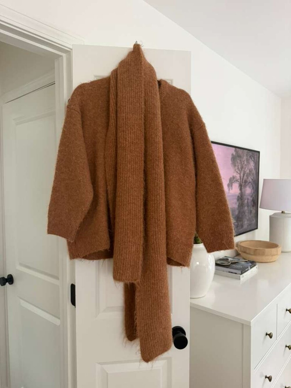 Sweater Scarf Set Women Large Brown Fuzzy Knit Oversized Cozy Minimalist